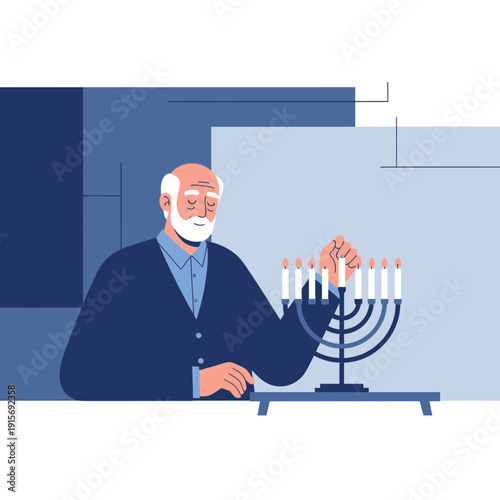 Elderly Man Illuminates Menorah With Gentle Hand In Peaceful Celebration