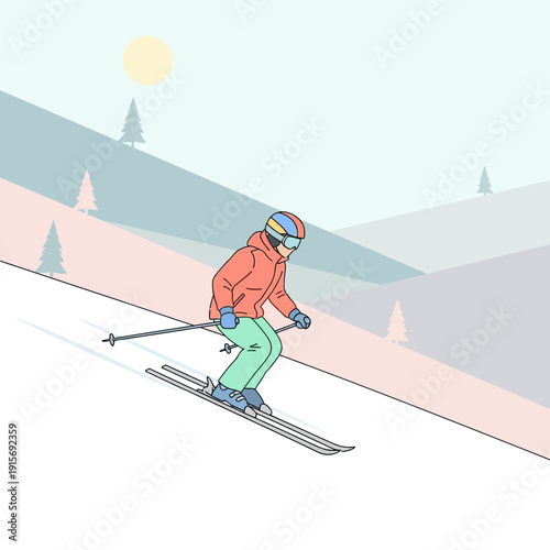 Dynamic Skiing Adventure Down Snowy Mountain Slopes With Sunny Sky