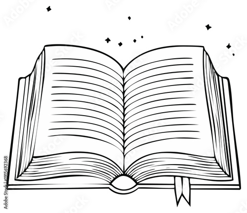 Open antique book with lines of text and magical sparkles emerging from the pages