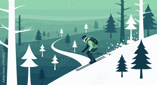 Dynamic Skiing Descent Through Snowy Forest Landscape