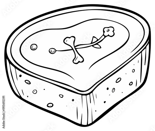 Cartoon-style illustration of a bowl of soup with a bone garnish inside a stylized heart shape.