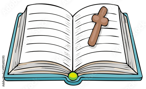 Open book with cross bookmark illustration on white background