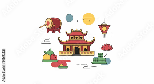 Chinese temple with red roof and gold accents surrounded by cultural symbols drum