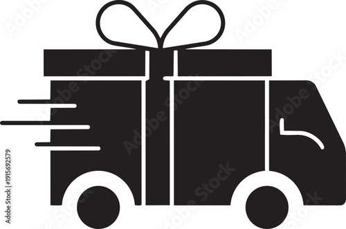Gift Delivery Express: A sleek black silhouette of a delivery truck, its cargo a beautifully wrapped gift box with a delicate bow, conveys speed and the anticipation of giving. 