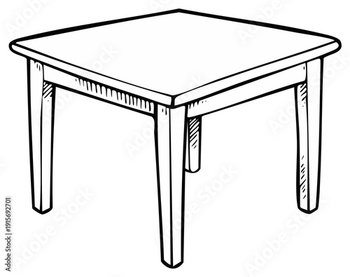 Simple wooden table illustration in black and white sketch style.