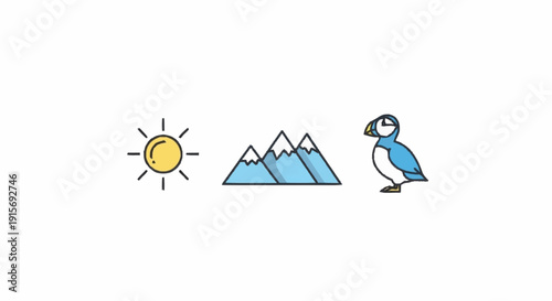 Cartoon sun mountains puffin blue