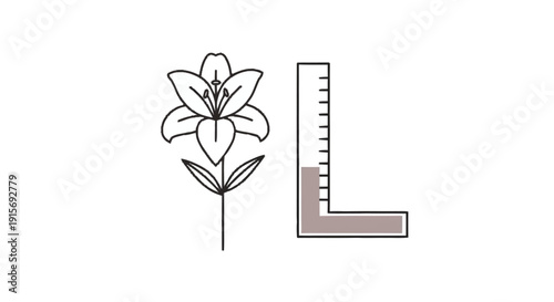 Black and white lily flower next to L shaped ruler plant