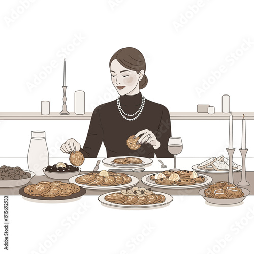 Elegant Woman Enjoys A Lavish Brunch With Pancakes And Accompaniments