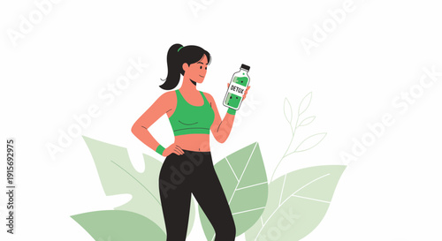 Energetic Woman Holding Detox Drink Promoting Healthy Lifestyle Choices