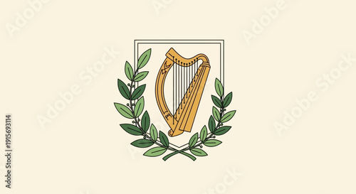 Emblematic Harp Wreathed In Laurel Leaves On Cream Background