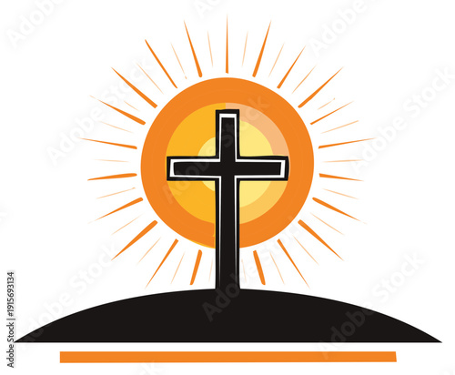 Cross Symbol on Hill Silhouette with Shining Sun for Hope and Religion Concept
