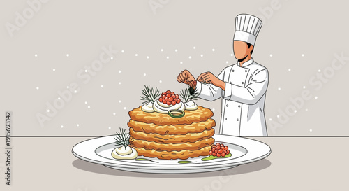 Elegant Food Presentation: Chef Adds Finishing Touches to Stacked Pancakes with Caviar
