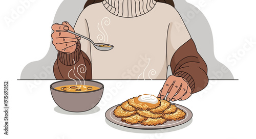 Enjoying A Comforting Meal Of Hot Soup And Savory Pancakes