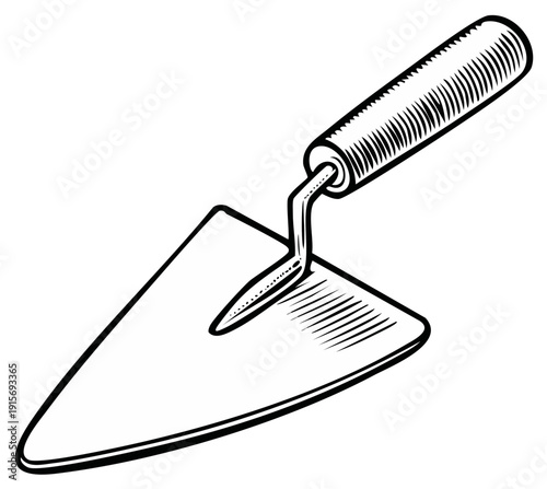 Classic Bricklaying Trowel Tool with Wooden Handle in Engraving Style