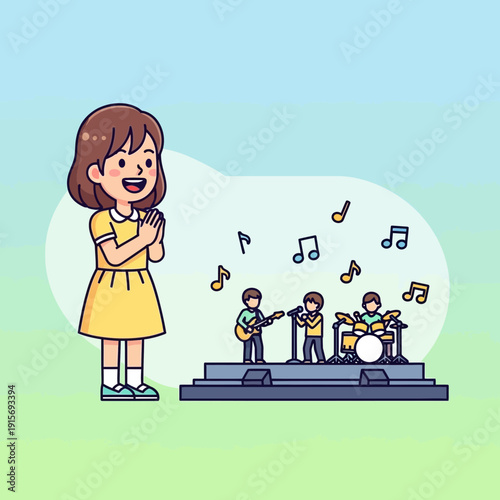 Enthusiastic Spectator Applauds Band Performance Amidst Musical Notes in Vibrant Illustration