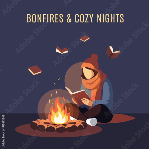 Evening Ambiance: Person Reading by Bonfire, Embracing Warmth and Literary Escapism