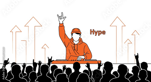 Energetic Crowd Cheering For DJ Performance With Upward Trending Arrows Illustrating Hype