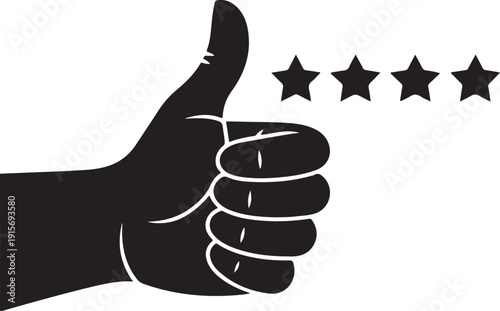 Thumbs up hand with four stars rating symbol isolated on transparent background