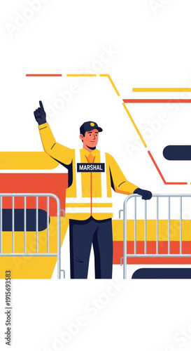 Event Security Marshal Guiding Crowd With Gestures And Barrier Control