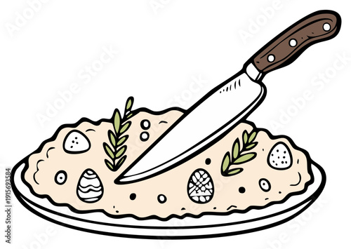 Stylized illustration featuring a kitchen knife plunged into a festive plate of food adorned with Easter eggs and sprigs