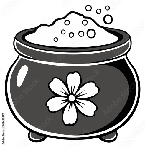Black and White Stylized Cauldron with Flower Design and Bubbling Contents
