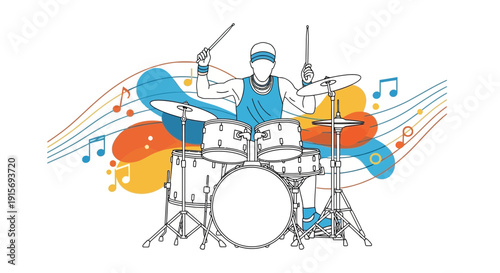 Energetic Drummer Silhouette With Musical Notes and Abstract Shapes