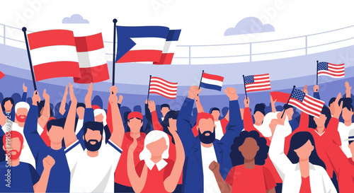 Excited Diverse Crowd Waving National Flags And Celebrating In Stadium