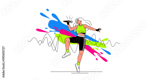 Energetic Female Singer Performing with Dynamic Colorful Soundwaves