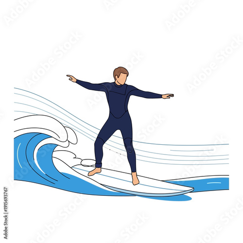 Energetic Male Surfer Rides Blue Ocean Wave In Blue Wetsuit Artistic Minimalist Illustration