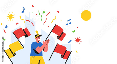 Excited Person Cheering with Flags and Confetti