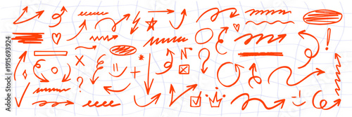 Creative marker strokes on paper with soft highlight effects, bold arrow marks , hand drawn shape accents, marker and highlight energy