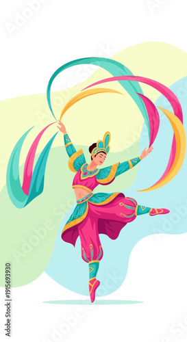 Exotic Dancer With Colorful Ribbons Performing Graceful Ballet Moves On White Backdrop