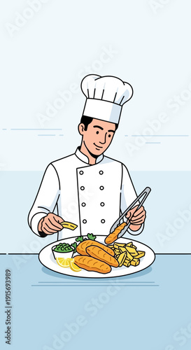 Expert Chef Artfully Arranges Classic Fish and Chips Meal Presentation