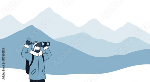 Explorer Gazing Through Binoculars At Distant Mountain Peaks In Cold Climate