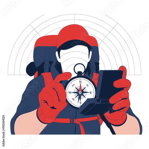 Explorer Navigating With Compass And Digital Device Technology Adventure