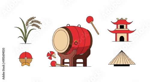 Red drum with mallets and Asian architectural drumsticks Asian temple pagoda roof