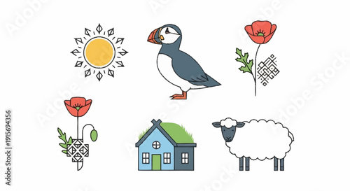 Colorful cartoon puffin standing next to poppy flowers and house with sheep