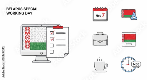 Belarus special working day with computer checklist calendar clock