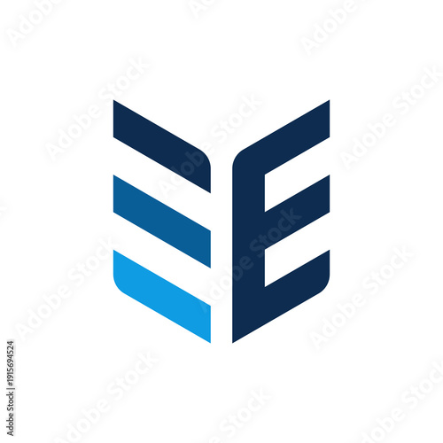 Double E effect monogram or Letter E shield logo Features three dynamic bars on the left representing levels of progress Great for electronics, energy, and engineering sectors