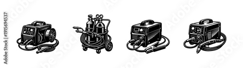 Welding equipment flat vector icons set: torch, gas tanks, plasma cutter, machines design