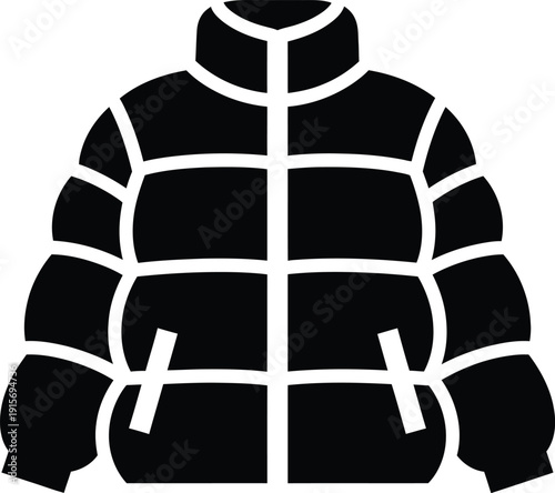 Black and white icon of a quilted puffer jacket, suitable for cold weather apparel representation
