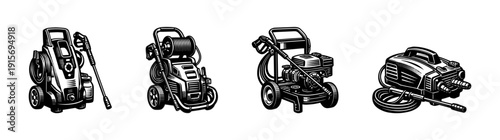 Pressure washer flat vector icons set: power tools, cleaning equipment, maintenance symbols