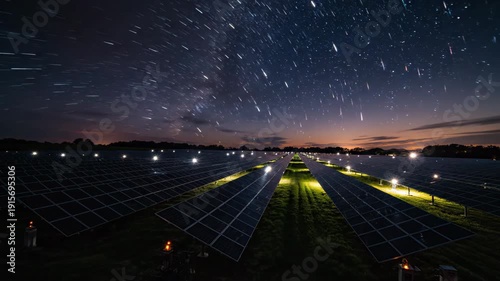 Renewable energy solar farm facility with photovoltaic panels generating clean electricity during day and night under starry skies