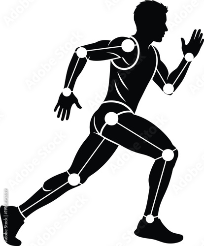 A black silhouette of a human figure in a running pose with white lines and joints highlighted for anatomical reference