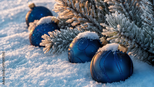Blue Christmas Baubles on Snowy Background