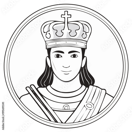 Regal Portrait of a King Wearing a Royal Crown and Rich Robes in a Circle Frame