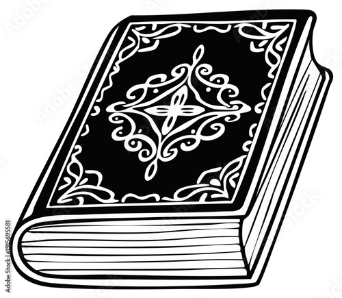 Vintage book with an ornate decorative cover, a black and white hand drawn illustration