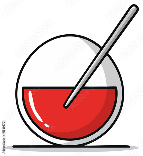 Illustration of a round lab beaker filled with red liquid and a stirring rod for chemical reactions or laboratory science concept