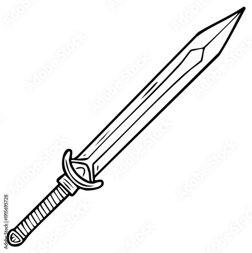 Cartoon style illustration of a medieval sword with a sharp blade and a detailed hilt, black and white outline drawing