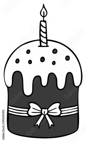 Hand drawn festive celebration cake with lit candle and decorative bow